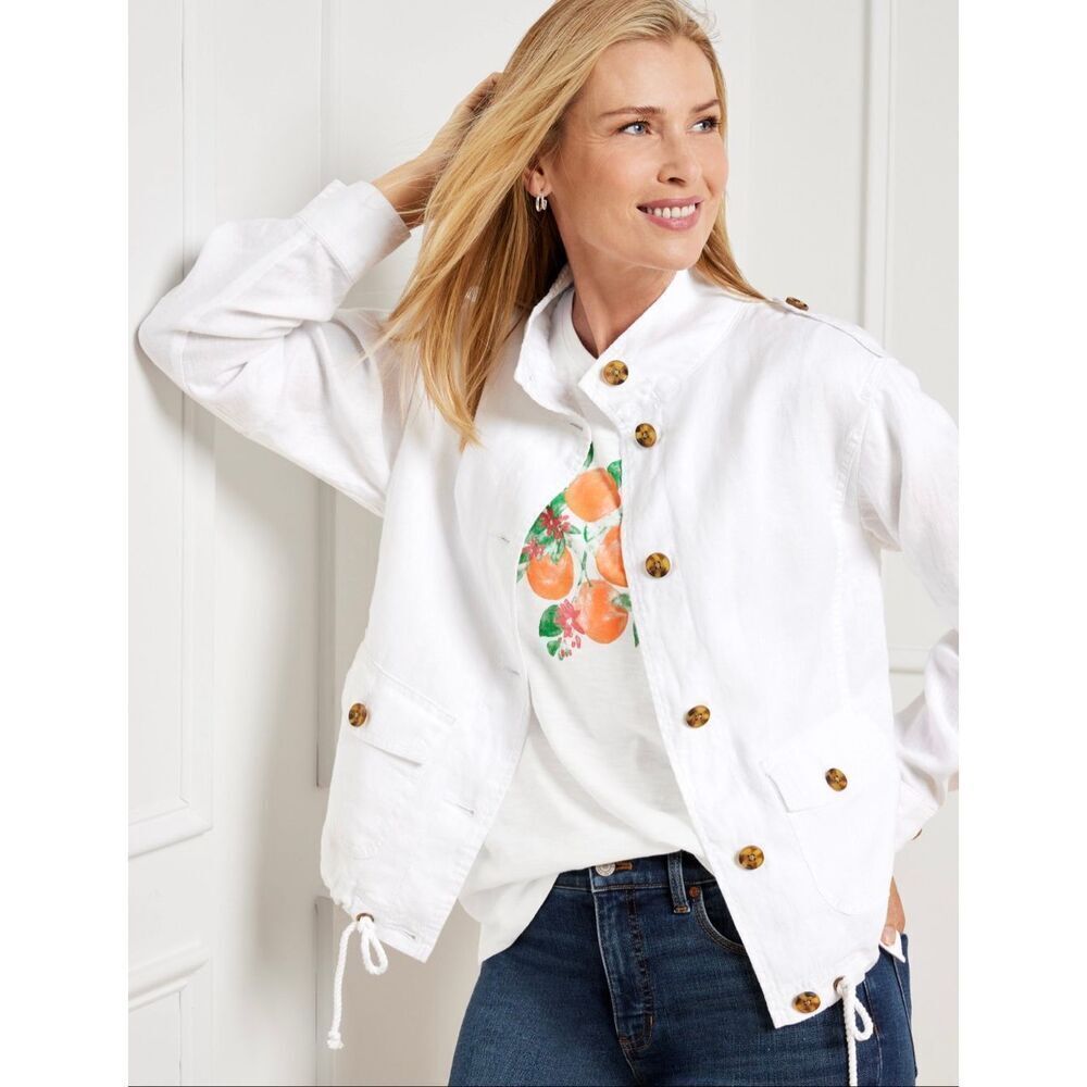 Talbots WASHED LINEN JACKET size L White Button Front
